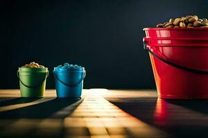 three buckets of peanuts on a table. AI-Generated photo