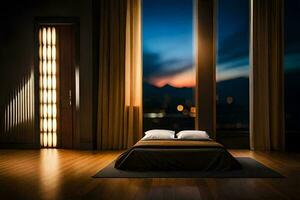 a bed in a room with a view of the city. AI-Generated photo