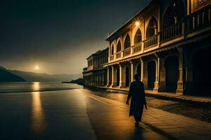 a man walks along the shore at night. AI-Generated photo