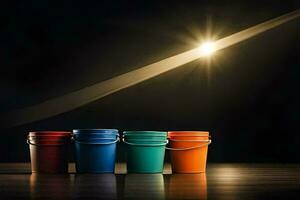 colorful buckets on a dark table with a bright light shining down. AI-Generated photo