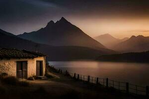 un pequeño casa se sienta en el lado de un montaña con vista a un lago. generado por ai foto