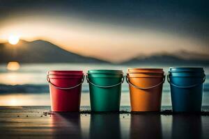 four colorful buckets on the beach at sunset. AI-Generated photo