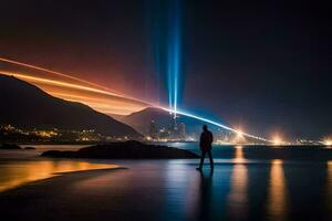 a man standing on the beach at night with a light trail. AI-Generated photo