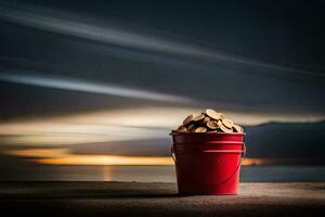 a red bucket filled with wood on a wooden table. AI-Generated photo