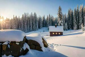 a cabin in the snow with trees and rocks. AI-Generated photo