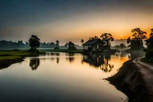 sunset over a river with a house and trees. AI-Generated photo