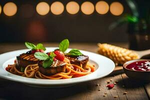 a plate of spaghetti with meat and sauce on a wooden table. AI-Generated photo