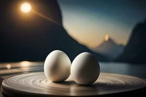 two eggs on a wooden table with a mountain in the background. AI-Generated photo