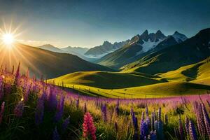 the sun rises over the mountains and flowers in the foreground. AI-Generated photo