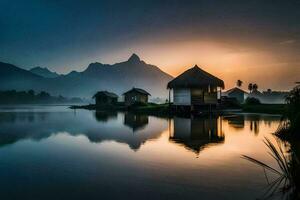 el amanecer terminado el lago. generado por ai foto