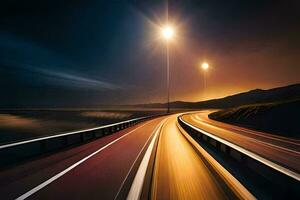 un largo exposición fotografía de un autopista a noche. generado por ai foto