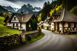 a road in the mountains with houses and trees. AI-Generated photo