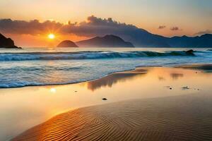 puesta de sol en el playa, ondas, montañas, agua, hd fondo de pantalla. generado por ai foto