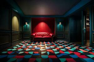 the room has a red couch and colorful floor. AI-Generated photo