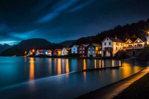 photo wallpaper the sky, night, norway, houses, the sea, the mountains, the. AI-Generated