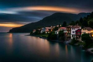 un hermosa puesta de sol terminado un lago y casas generado por ai foto