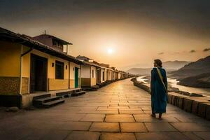 a woman walking down a path in front of a river. AI-Generated photo