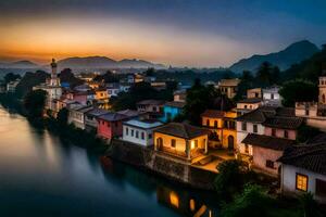 un río en el medio de un pueblo a oscuridad. generado por ai foto