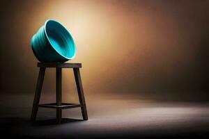 a blue bowl sitting on a wooden stool. AI-Generated photo