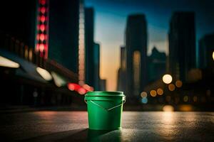 a green bucket sits on the street in front of a city. AI-Generated photo