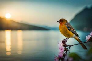 un pájaro se sienta en un rama cerca un lago a puesta de sol. generado por ai foto