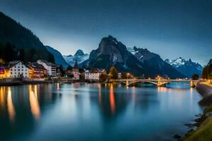 el hermosa pueblo de alpbach, Suiza a oscuridad. generado por ai foto