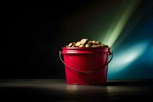 a red bucket filled with coins on a dark table. AI-Generated photo