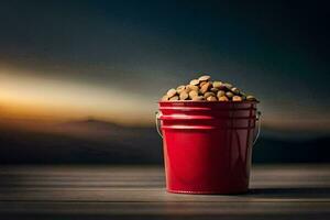 un rojo Cubeta lleno con nueces en un de madera mesa. generado por ai foto