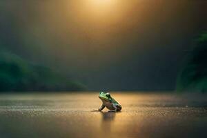 a frog sitting on the ground in front of a bright light. AI-Generated photo