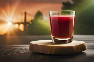 a glass of juice on a wooden stand. AI-Generated photo