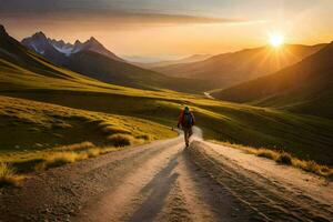 a man walks on a road in the mountains. AI-Generated photo