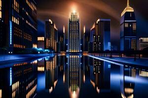 un ciudad a noche con un reflexión de el edificios generado por ai foto
