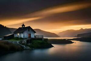 a small church sits on the shore of a lake at sunset. AI-Generated photo