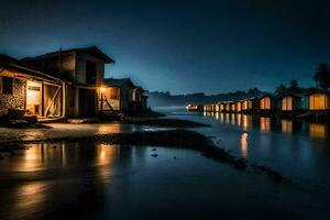 a row of houses on the shore at night. AI-Generated photo