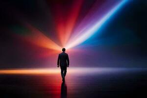 a man walking in front of a colorful light. AI-Generated photo