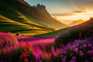 the sun rises over a field of purple flowers and mountains. AI-Generated photo