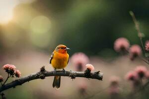 a small orange bird sits on a branch in front of pink flowers. AI-Generated photo