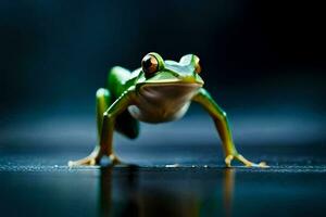 a frog is standing on its hind legs. AI-Generated photo