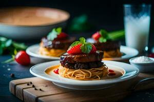 two plates with meat and spaghetti on them. AI-Generated photo