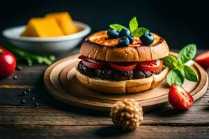 a hamburger with cheese, tomatoes and blueberries. AI-Generated photo