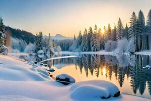 a snowy lake surrounded by trees at sunset. AI-Generated photo