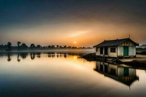 un pequeño casa se sienta en el apuntalar de un lago a amanecer. generado por ai foto