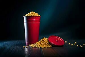 a red cup filled with yellow beans and a spoon. AI-Generated photo