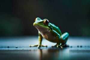 a frog is sitting on a table with a dark background. AI-Generated photo