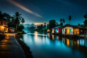 a river at night with houses and palm trees. AI-Generated photo