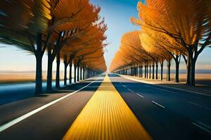 a long exposure photograph of a road lined with trees. AI-Generated photo