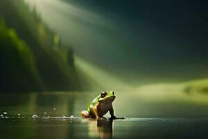 a frog sitting on the edge of a lake in the dark. AI-Generated photo