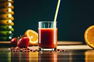 a glass of juice with a straw. AI-Generated photo