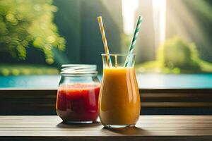 two glasses of juice with straws on a table. AI-Generated photo