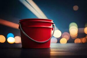 a red bucket on a dark background with blurred lights. AI-Generated photo